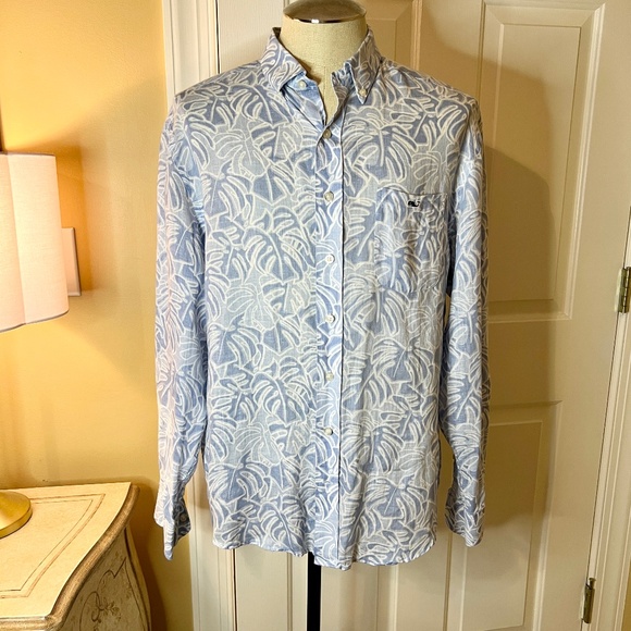 EUC Men's Vineyard Vines Blue White Floral Classic Fit Tucker Linen Shirt LARGE - Picture 1 of 2